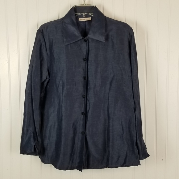 Deborah Parker Women Linen Silk Button Blouse Top Size Large Blue Office Siren - Picture 9 of 9
